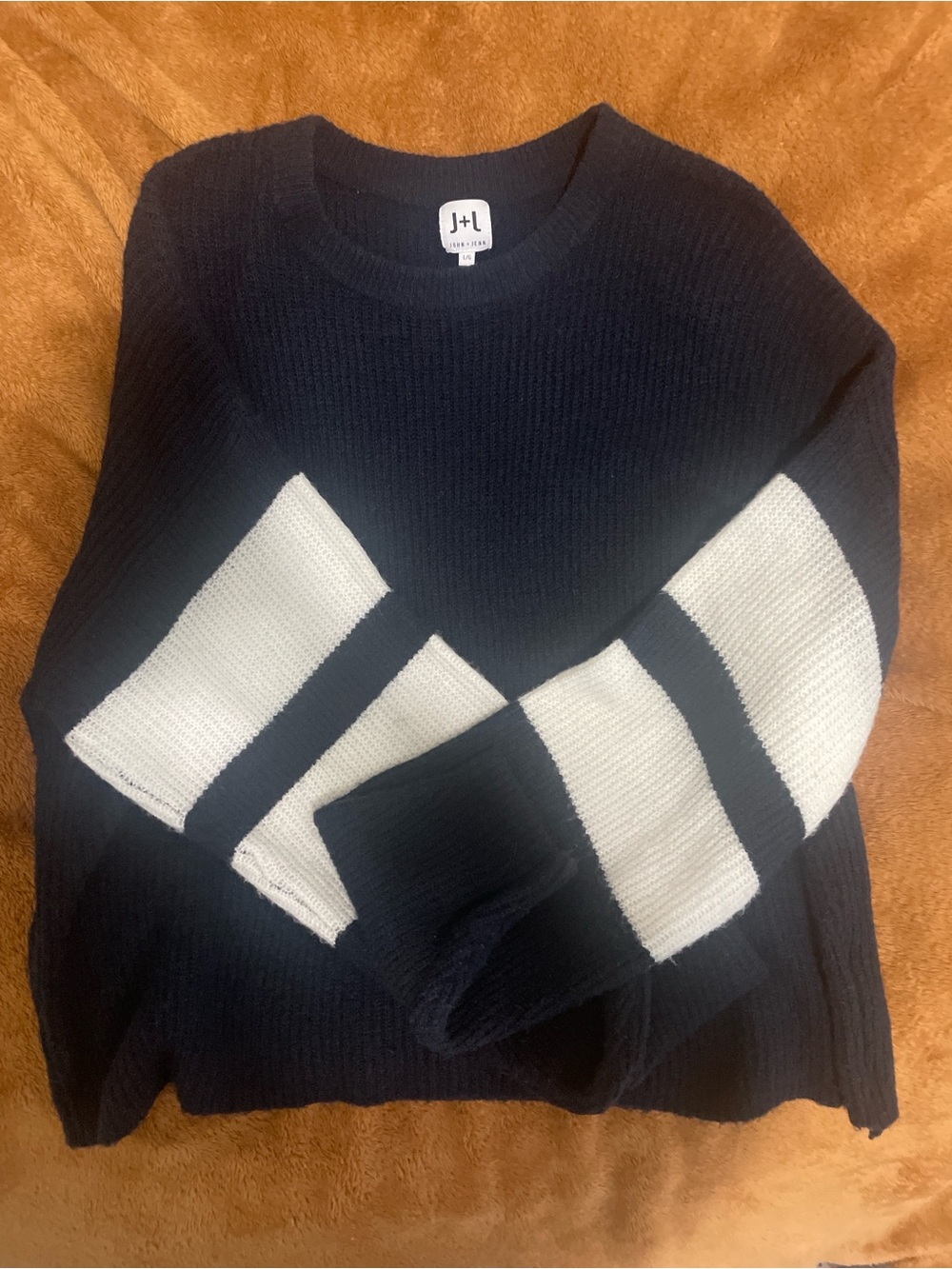 John + Jenn Navy Crewneck Sweater with White Sleeve Stripes L